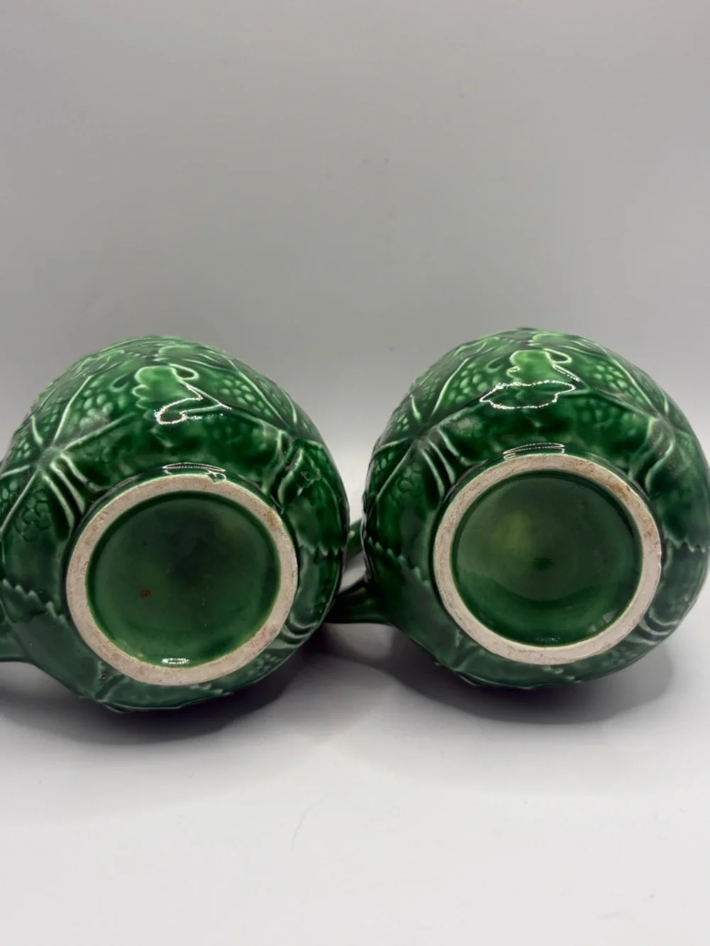 Pair Vintage Greenware Ceramic Majolica Leaf Mugs Cups Drinkware Cottagecore